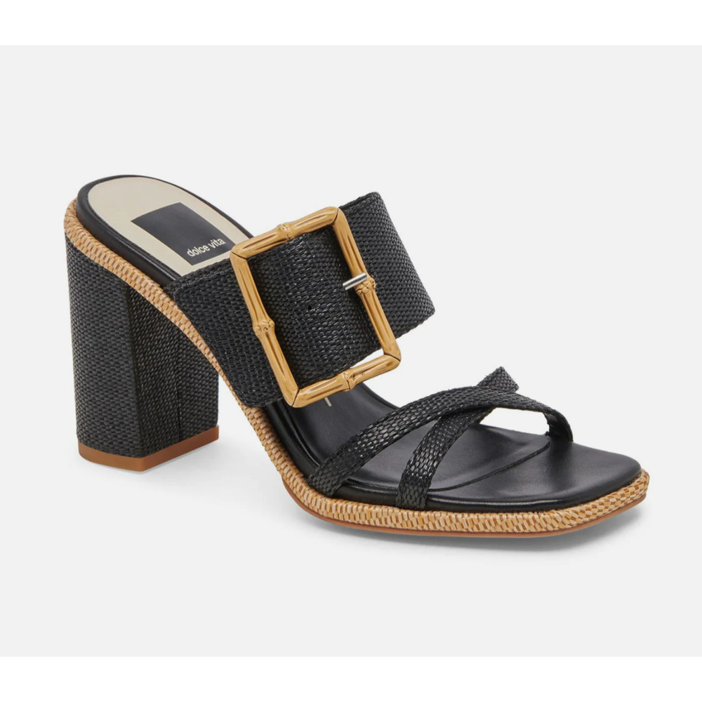 Dolce Vita Onnie Raffia Square Toe Block Heel Sandals in Black Size 9